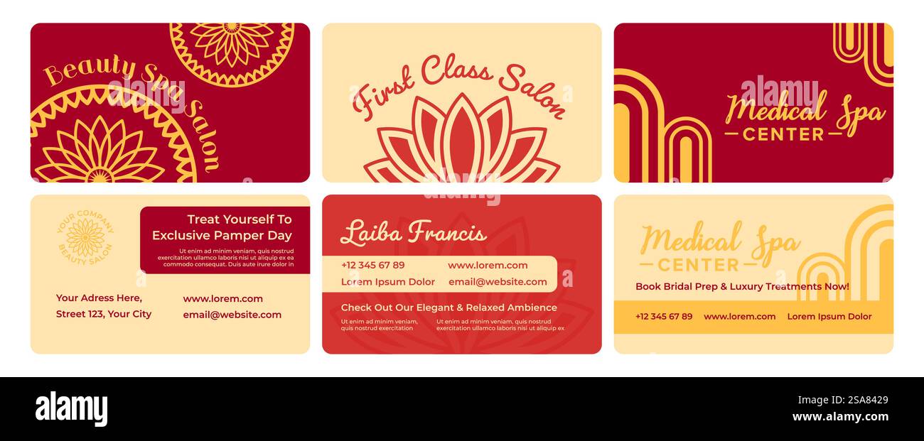 Visitenkarten-Design-Set für Mitarbeiter im Spa-Salon. Rote Branding-Elemente mit medizinischen Spa-Center-Kontakten, Vektor-Illustration. Flache Dekoration für Corporate Branding Design Kollektion. Visitenkarten-Design-Set für Mitarbeiter im Spa-Salon Stock Vektor