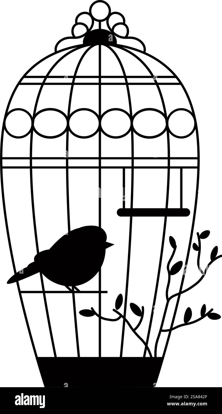 Silhouette eines Käfigs, isoliertes Vogeltier in Vintage-Metallkäfig mit Stock zum Sitzen. Botanik oder Baumzweig, Pflanzen- oder Blumendekoration. Zoo oder Tierhandlung, Sortiment. Vektor in abgewickelter Form. Vogeltier im Käfig, Vintage-Metallbehälter Stock Vektor