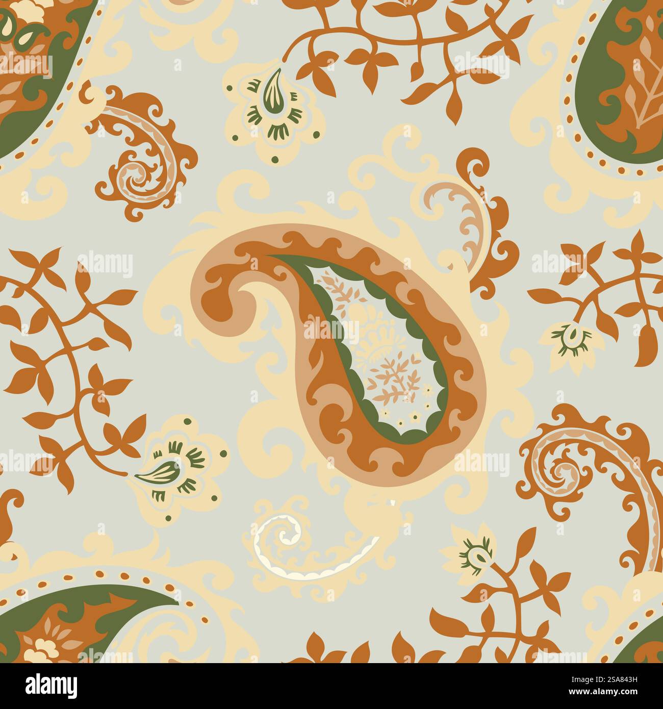 Blühende Blumen und Blätter, moderne Paisley-Komposition mit Zweigen und Laub. Blühende Pflanzen. Nahtloser Druck von Mustern, Hintergrundbildern oder Hintergrundbildern. Vektor in abgewickelten Formaten. Paisley-Muster, blühende Blätter und Blumen Stock Vektor