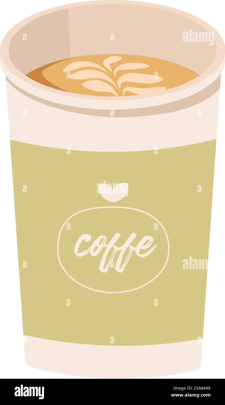 Glace, Eisgetränk mit Milch oder Sahne. Getränk, das durch Aufbrühen von Kaffee mit Eis zubereitet wird. Isolierter Kunststoff- oder Papierbecher mit Blattmuster. Erfrischendes leckeres Bier in der warmen Jahreszeit. Vektor in abgewickelter Form. Eisgetränk mit Milch oder Sahne, Glace Coffee Stock Vektor