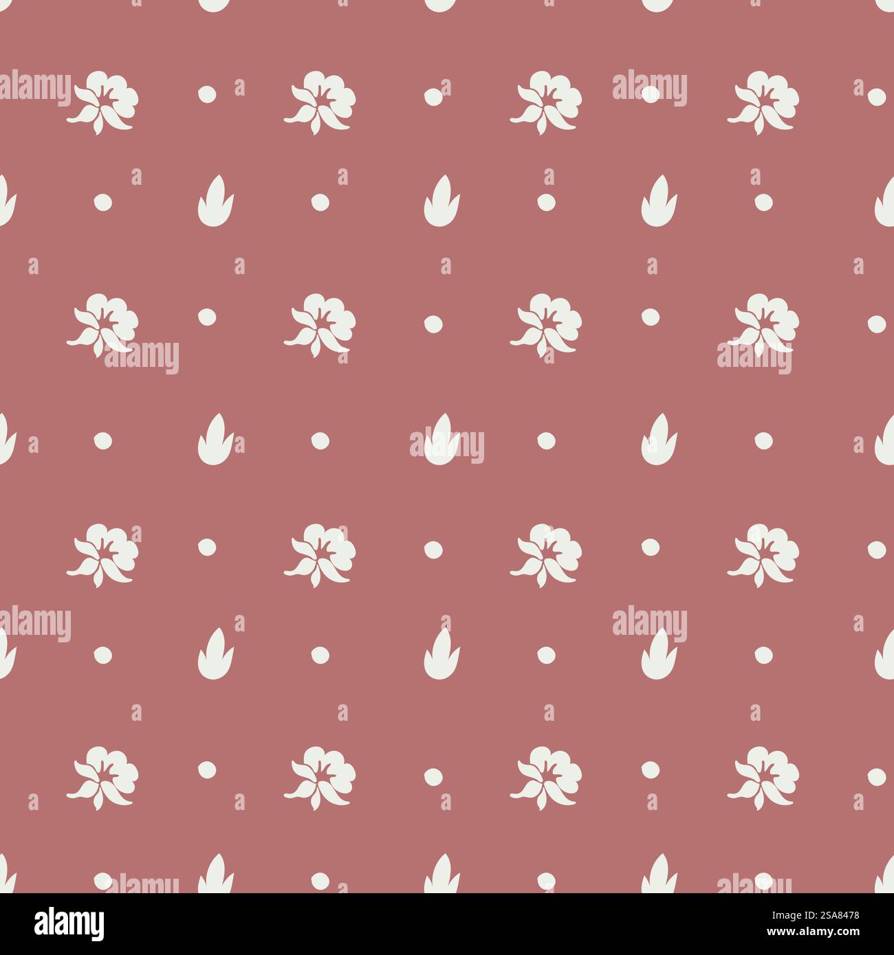 Blüten in Blüte, blühende Zusammensetzung mit Blättern und Laub. Design für Teppich, Textilgewebe. Blumenmotiv der Botanik. Nahtloser Musterdruck, Hintergrund oder Hintergrundbild. Vektor in abgewickelter Form. Minimalistisches Blumendesign im Retro-Stil mit Blumen Stock Vektor