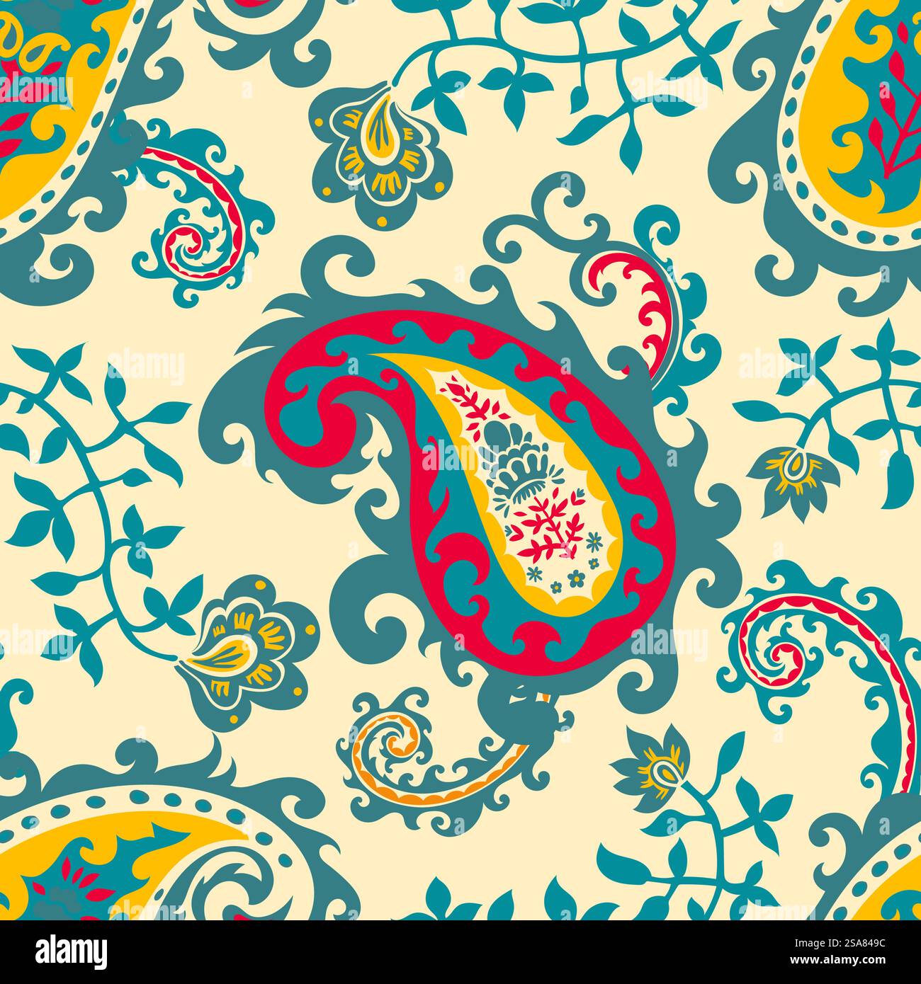 Dekor mit Paisley-Muster im Retro-Stil, ornamentales Motiv oder Blumenkomposition mit Zweigen und Laub. Organisches und schönes Design. Nahtloser Druck von Mustern, Hintergrundbildern oder Hintergrundbildern. Vektor in abgewickelter Form. Blühende Blumen, Paisley-Muster Stock Vektor