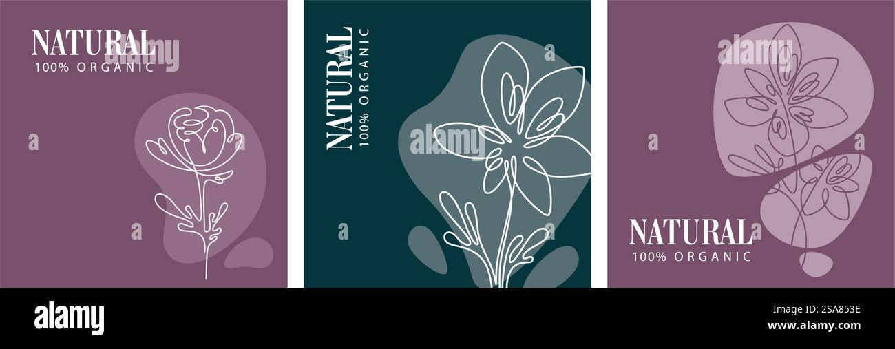 Sammlung von natürlichen und biologischen Produkten und Artikeln Logos mit blühenden Blumen. Werbebanner oder Aufkleber für Produktverpackungen, die frei von synthetischen Zusatzstoffen und Pestiziden sind. Vektor in abgewickelter Form. Set aus Logos oder Bannern für natürliche und organische Gegenstände Stock Vektor