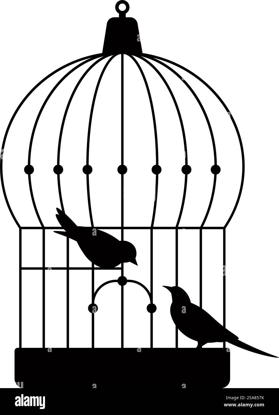 Die Silhouette der Käfige, isolierte Vogeltiere mit langen Schwänzen, die sich gegenseitig zwitschern. Birdie im Vintage-Metallbehälter mit abgerundeter Form und Stock zum Sitzen. Vektor in abgewickelter Darstellung. Vogeltiere im Käfig, Käfigvögel-Silhouette Stock Vektor