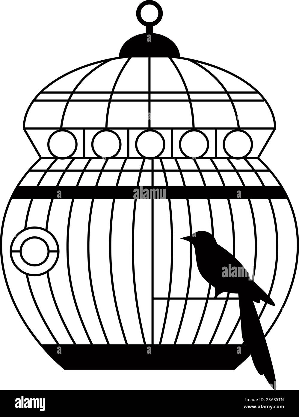 Silhouette eines Vintage-Käfigs mit Wirbeln und dekorativen Elementen. Isolierter exotischer Vogel mit langem Schwanz, Papagei im Behälter mit Kreisen und Gittern. Zoo oder Tierhandlung. Vektor in abgewickelter Darstellung. Vintage-Käfigvogel mit langem Schwanz, Silhouette Stock Vektor