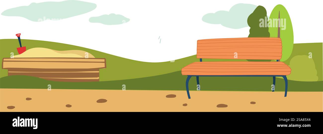 Vektor-Illustration einer ruhigen Parkszene mit Bänken, ideal für Outdoor- und Entspannungsthemen. Ruhiger Öffentlicher Park Mit Sitzbank Stock Vektor