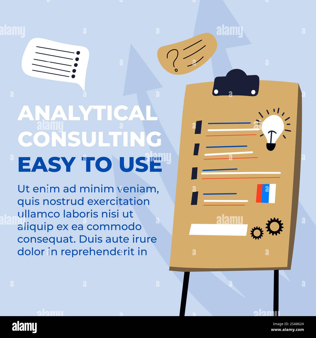 Bereitstellung von Expertentipps und Einblicken auf Basis von Datenanalysen. Analytische Beratung einfach zu verwendendes Werbebanner. Unterstützung von Unternehmen bei Entscheidungen und der Lösung komplexer Probleme. Vektor in abgewickelter Form. Analytische Beratung benutzerfreundliche Werbebanner Stock Vektor