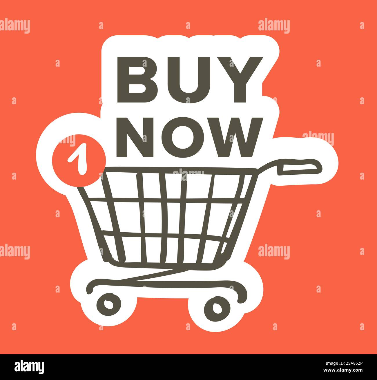 Dringend jetzt kaufen, Warenkorb Grafik, Vektor Illustration, isoliert auf Orange. Jetzt Kaufen Online-Einkaufswagen-Symbol Stock Vektor