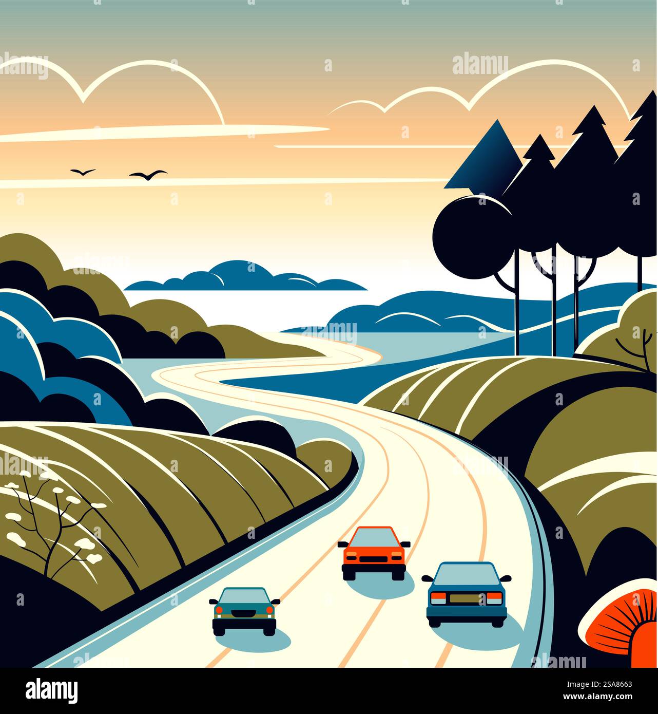 Vektor-Illustration von Autos, die auf einer kurvenreichen Straße durch malerische Hügel und an einem See fahren, spiegelt ein Gefühl der Reise und Erkundung wider. Vektorkunst Mit Landschaftlich Reizvollen Routen Stock Vektor