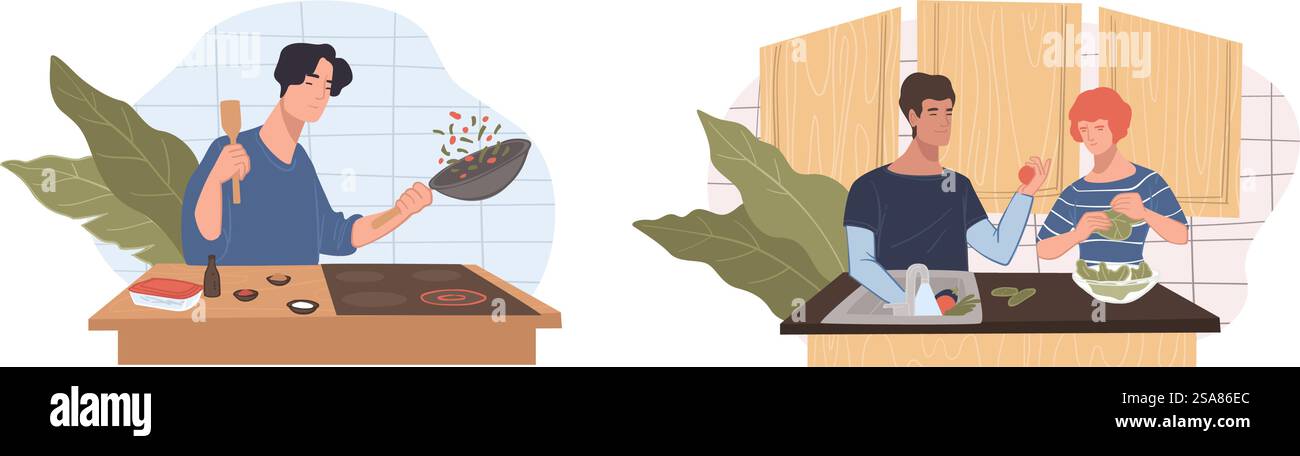 Vektor-Illustration, die Sommeratmosphäre mit einer Person, die sich sonnt, und einem anderen Gebäude einer Sandburg am Strand festnimmt. Ideal für Urlaubsthemen. Strandentspannung Sommer-Vektorszene Stock Vektor