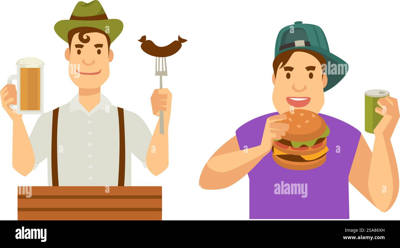 Illustration von Männern, die traditionelle Speisen bei einem kulturellen fest genießen, Vektor isoliert auf weiß. Kulturelle Feste Männer Genießen Essen Stock Vektor