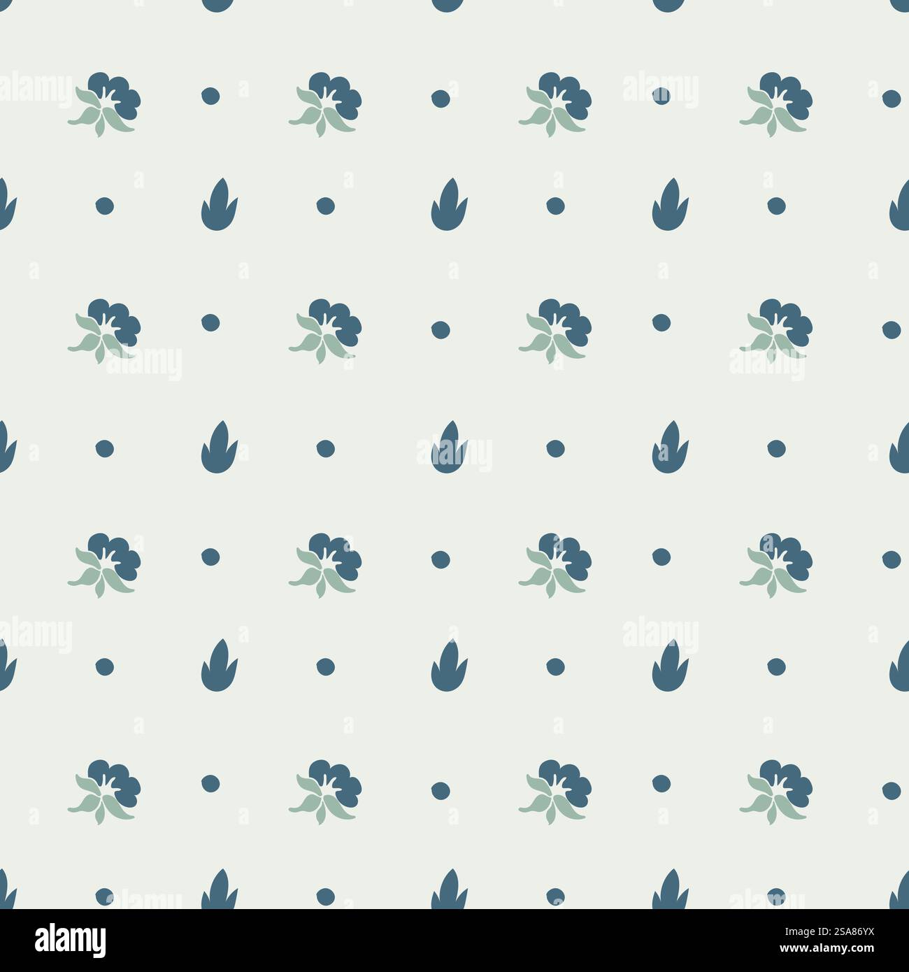 Wiesenblumen in Blüte, blühende Zusammensetzung mit Laub. Design für Wohnaccessoires. Botanisches Blümchenmotiv mit Punkten. Nahtloses Muster, Hintergrundbild oder Hintergrund. Vektor in abgewickelter Form. Minimalistisches Blumenmotiv mit Blumen und Punkten Stock Vektor
