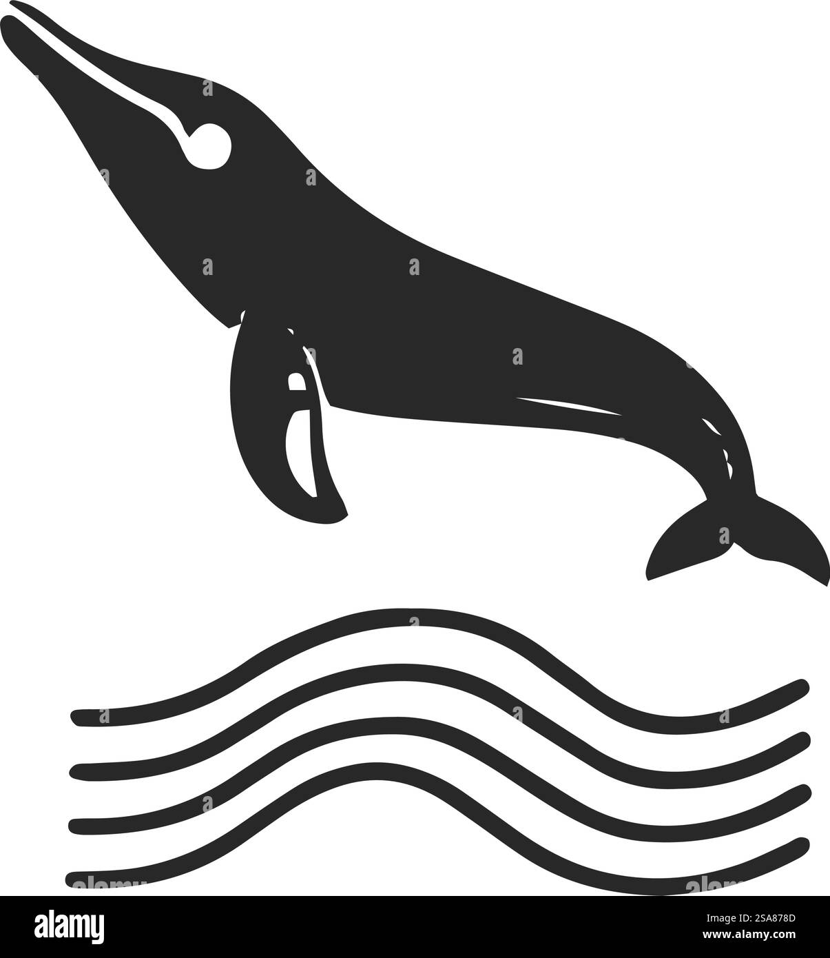 Stilisierte Vektor-Illustration eines Wals integriert mit Meereswellen, in einem sauberen, minimalistischen Stil, isoliert auf weißem Hintergrund. Stilisierter Wal mit Meereswellen Stock Vektor