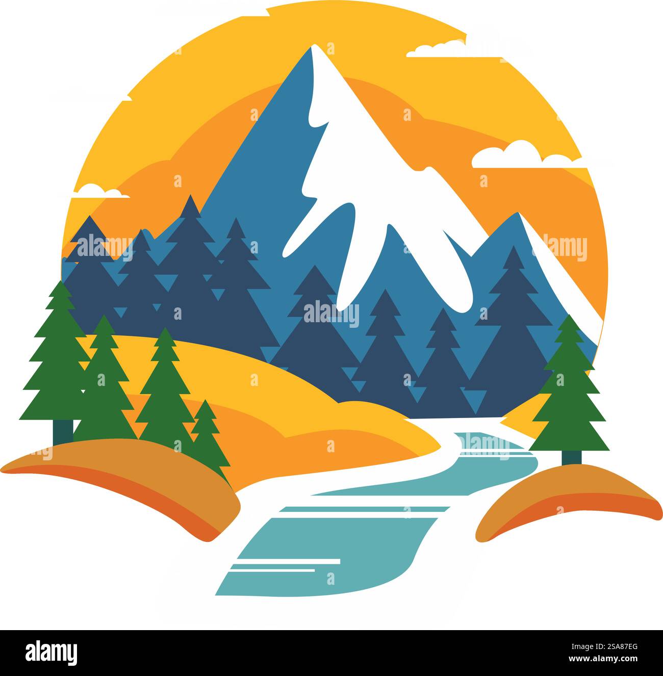 Emblem mit einer malerischen Berglandschaft, mit einem Fluss und Bäumen, isoliert auf weißem Hintergrund. Diese Vektor-Illustration ist ideal für Natur- und Reisethemen. Ein Emblem der malerischen Berglandschaft Stock Vektor
