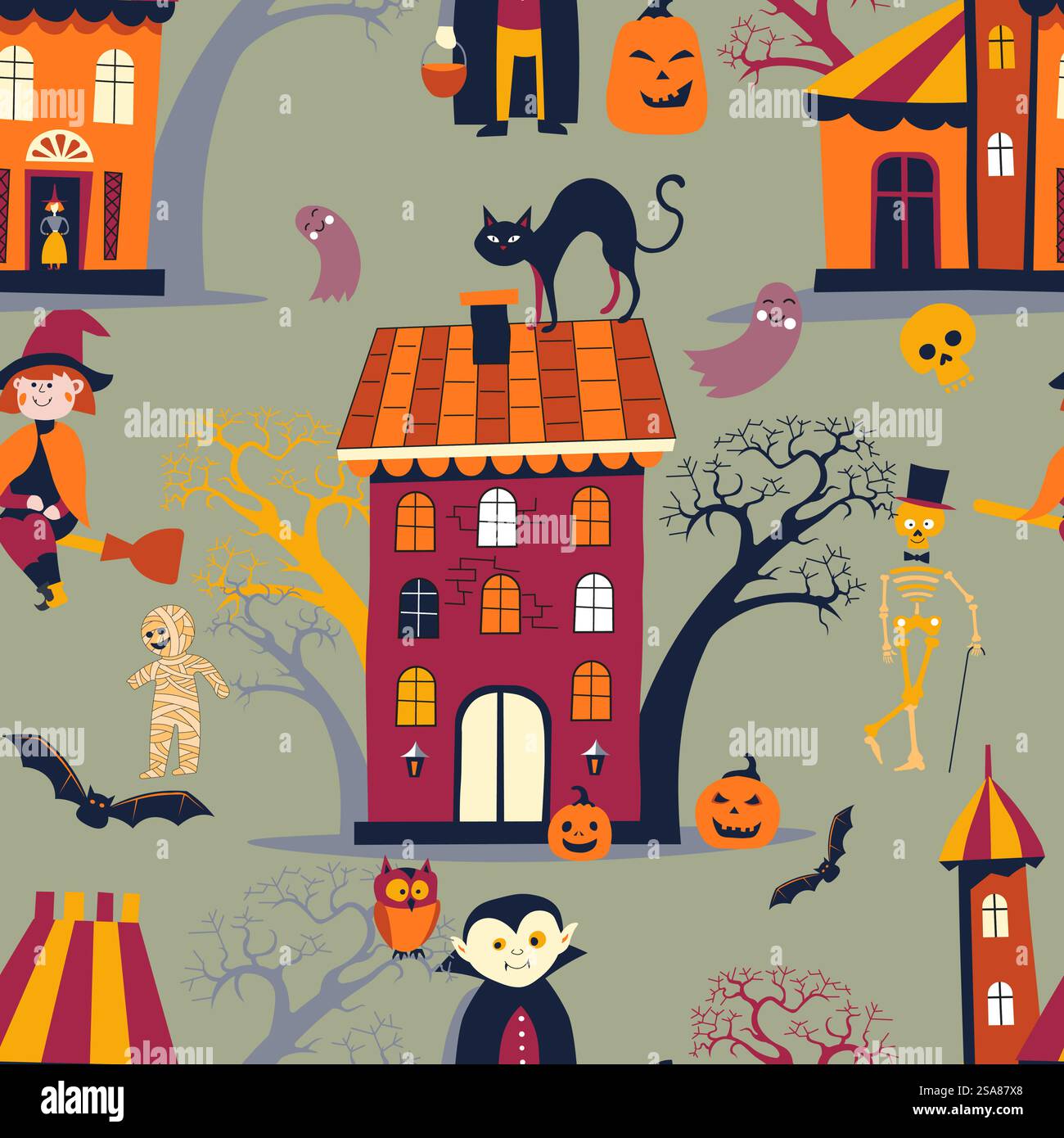 Halloween-Vektor-Illustration mit Spukhäusern, Hexen, Skeletten, Geistern und Kürbissen. Nahtloses Muster... Bunte Halloween-Spukhaus-Szene Stock Vektor