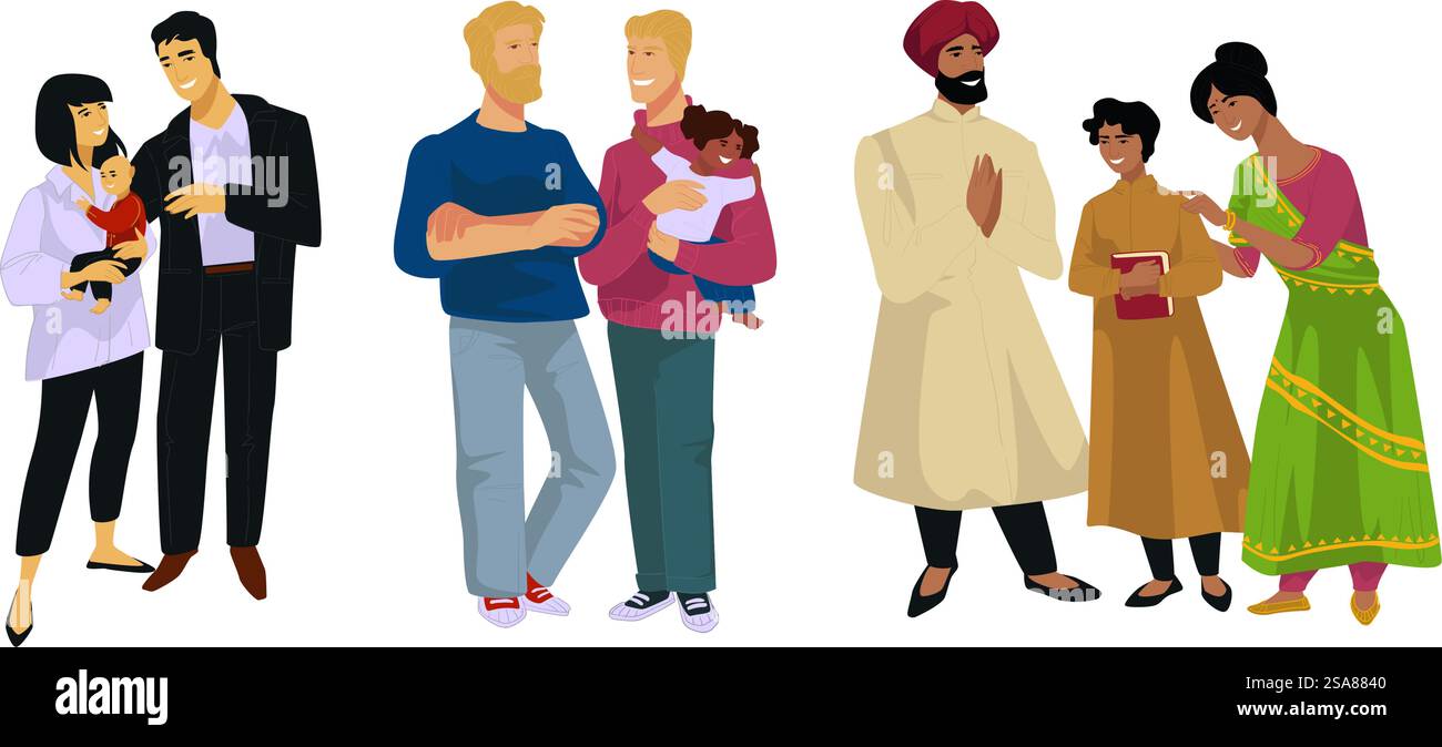 Verschiedene Familiengruppen, Vektorillustration, die Einheit und kulturelle Vielfalt zeigen, isoliert auf weiß. Illustration Der Verschiedenen Familien Zusammen Stock Vektor