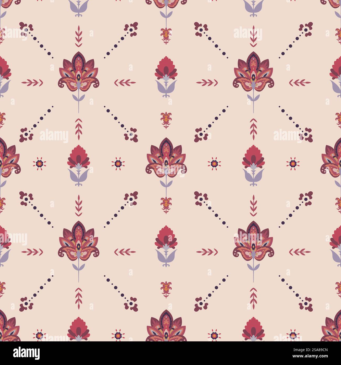 Ein Blumenmotiv mit Paisley-Elementen in warmen Farben auf beigefarbenem Hintergrund. Nahtlose Vektorillustration perfekt für Textil und Dekor.. Beigefarbener Hintergrund Blumenmotivvektor Stock Vektor