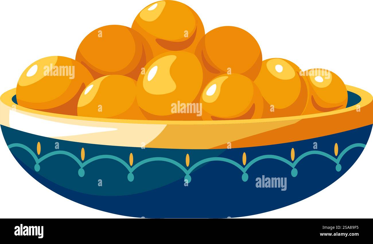 Abbildung einer Schüssel gefüllt mit goldbraunem Gulab-Jamun, einem beliebten indischen Dessert. Vektorabbildung auf weißem Hintergrund isoliert. Schüssel Gulab Jamun Vektor Stock Vektor