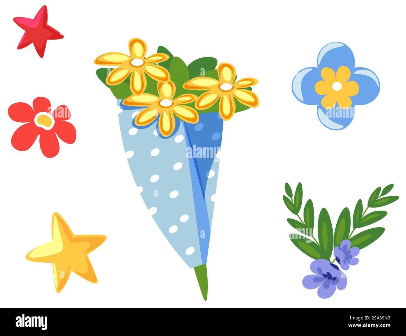 Helle florale Elemente in einem modernen, flachen Stil, Vektorillustration. Isoliert auf weißem Hintergrund. Perfekt für Grußkarten, Poster und Schreibwaren. Leuchtende Blumenelemente auf weiß Stock Vektor