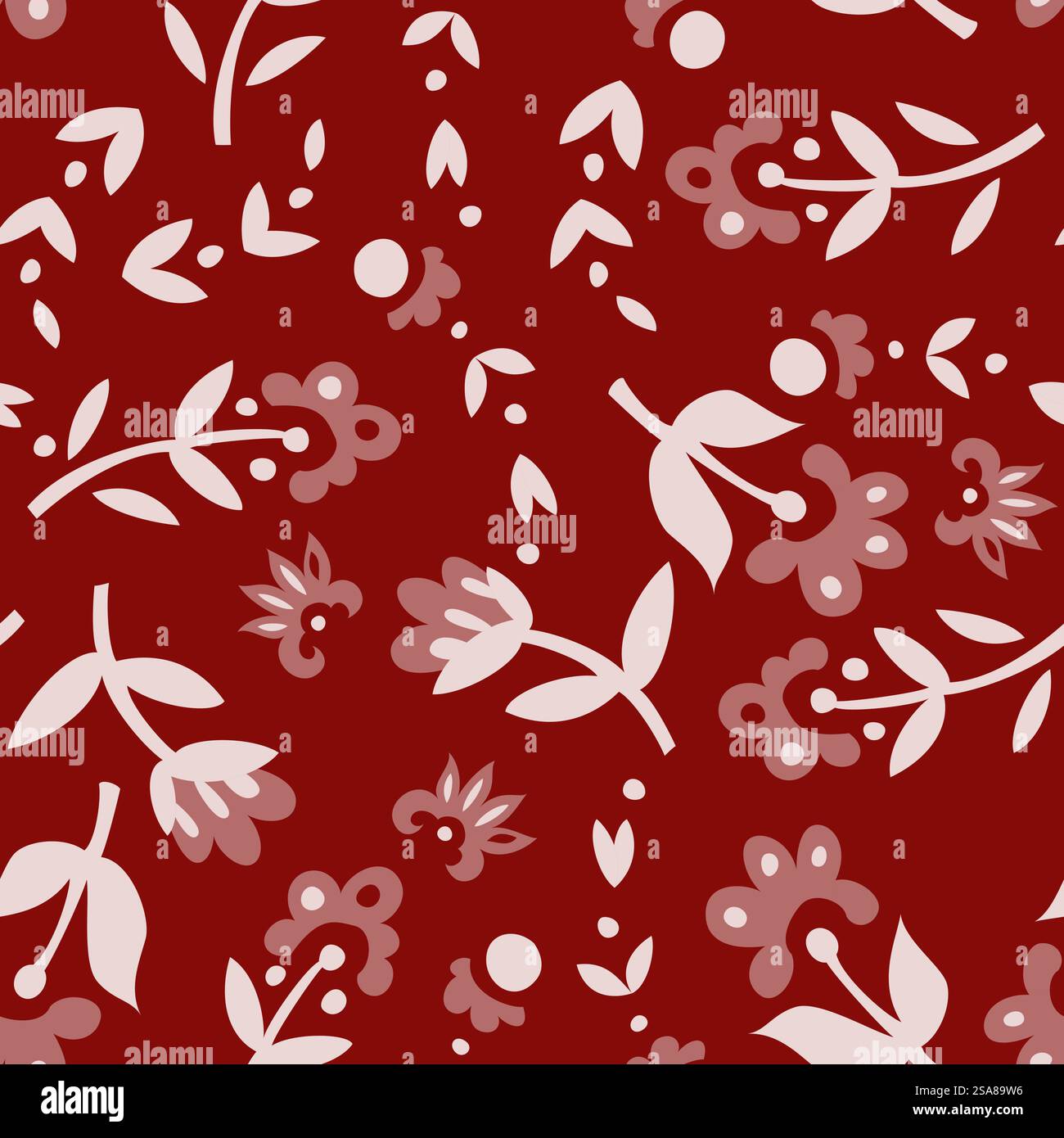 Rotes Blumenmotiv mit detaillierten botanischen Elementen, die sich nahtlos wiederholen. Ideal für Textilien, Tapeten und Hintergründe. Vektorabbildung auf weißem Hintergrund isoliert. Nahtloses Muster Mit Rotem Blumenmotiv Stock Vektor