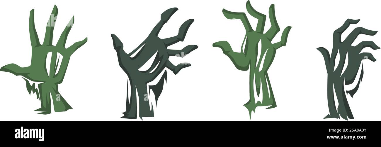 Eine Sammlung von Vektorillustrationen, die gruselige grüne Zombiehände in verschiedenen Posen darstellen, isoliert auf weißem Hintergrund. Perfekt für Halloween-Designs und Horror-Projekte. Creepy Green Zombie Hands Kollektion Stock Vektor