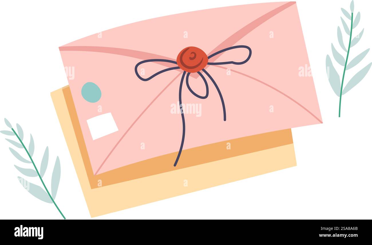 Vektorillustration eines versiegelten Umschlags mit Blättern, flach, isoliert auf weißem Hintergrund, geeignet für E-Mail- und Grußmotive. Versiegelter Umschlag mit Lamellenvektor Stock Vektor