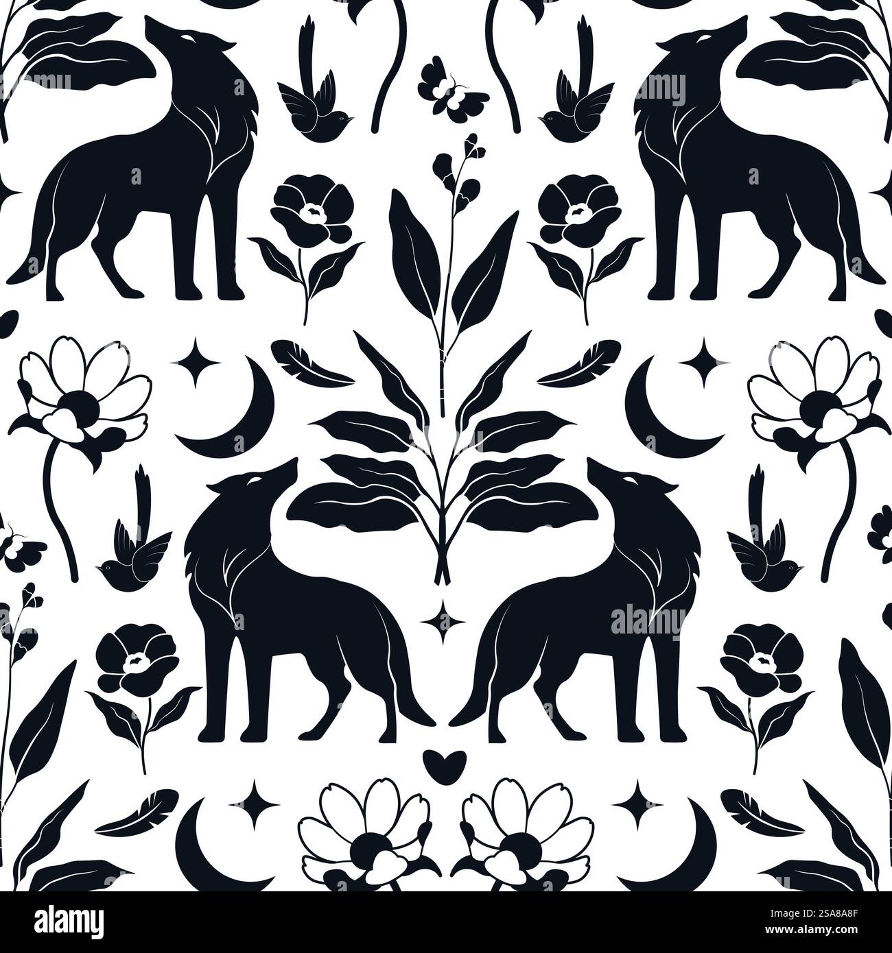 Vektorillustration eines nahtlosen Musters mit Wölfen, Monden und Blumen in Schwarz auf weißem Hintergrund. Ideal für Textilien und Tapeten. Wölfe Mond Floral Pattern Vektor Stock Vektor