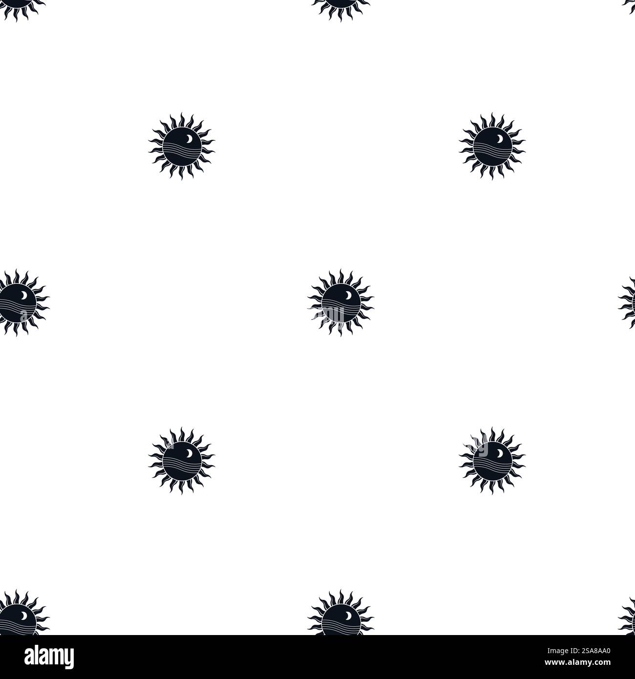 Vektor-Illustration eines nahtlosen Himmelsmusters mit schwarzen Sonnen und Monden auf einem weißen Hintergrund. Ideal für Tapeten und Stoffe. Sun Moon Schwarzweißmuster Stock Vektor