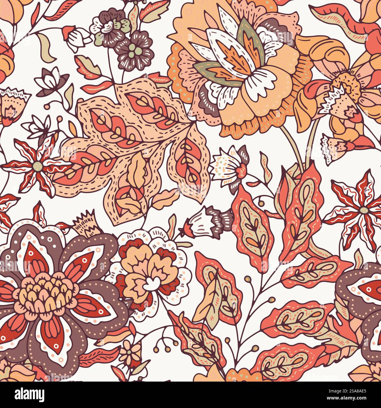 Ein detailliertes Vintage-inspiriertes Blumenmuster im Vektorformat mit warmen Erdtönen. Diese nahtlose Illustration passt zu Stoffen, Tapeten und Schreibwaren. Vintage-Inspiriertes Dekoratives Blumenmuster Stock Vektor