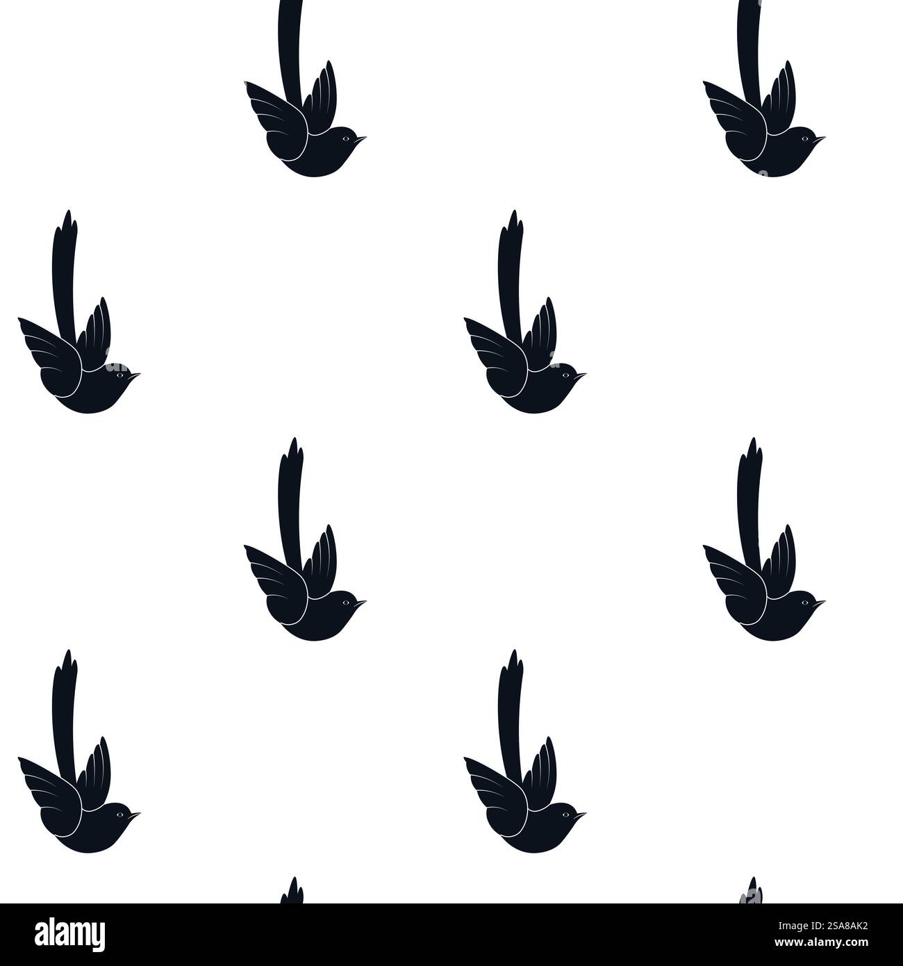 Vektor-Illustration eines nahtlosen Musters mit fliegenden schwarzen Vögeln auf einem weißen Hintergrund. Ideal für Textil- und Tapetendesign. Flying Birds Black White Pattern Stock Vektor