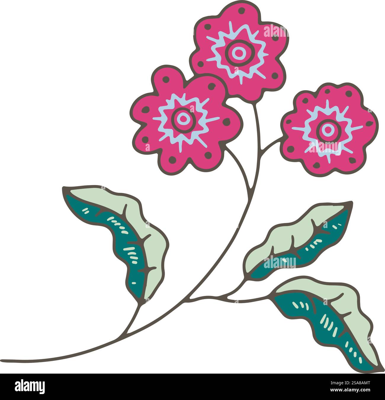 Detaillierte Vektor-Illustration von leuchtenden rosa Blumen mit blaugrünen Blättern, isoliert auf einem weißen Hintergrund. Perfekt für Druck- und digitale Designprojekte. Detaillierter Vektor der Blumenverzweigung Stock Vektor