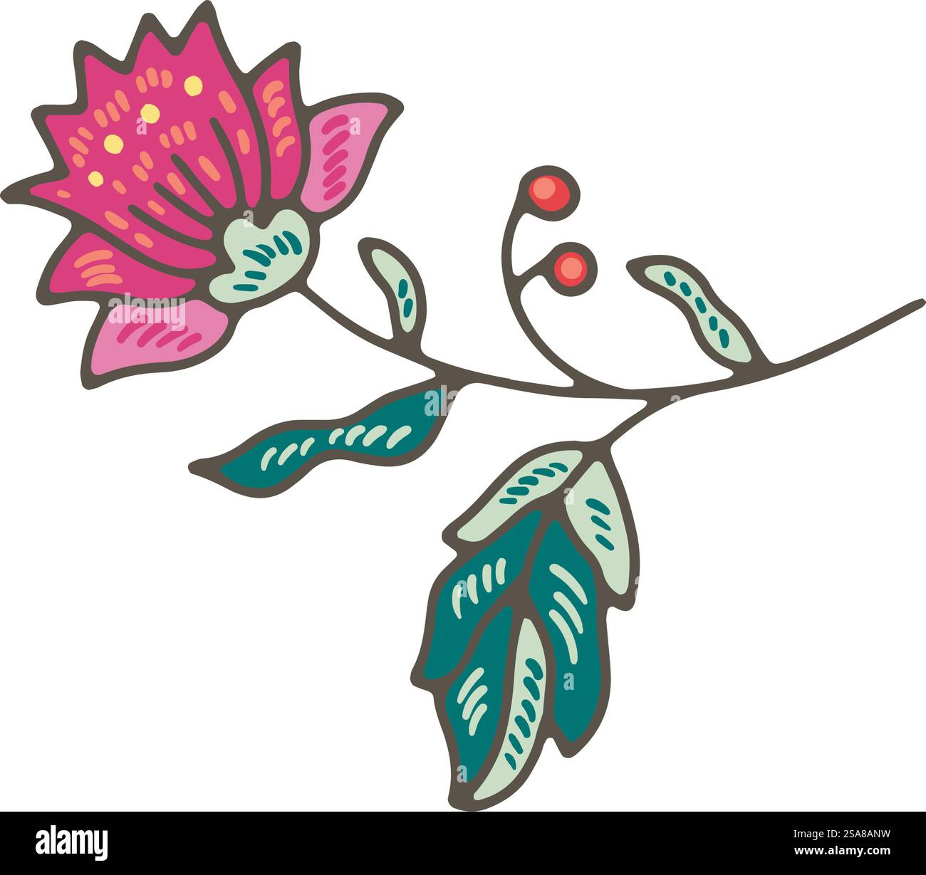 Eine bezaubernde Blume mit rosafarbenen Blüten und grünen Blättern, in einem skurrilen Stil dargestellt. Vektorillustration, isoliert auf weiß. Ideal für Einladungen und Frühlingsthemen. Rosa Blumen mit grünen Blättern Stock Vektor