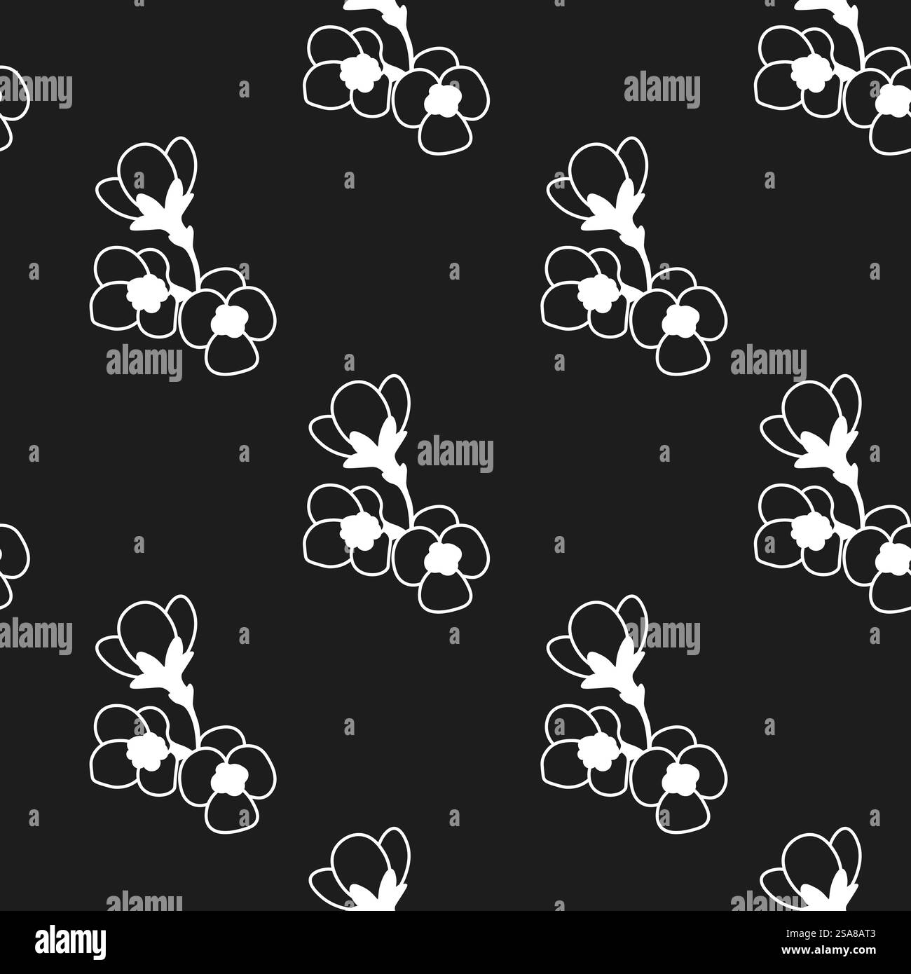 Vektor-Illustration eines minimalistischen Blumenmusters mit weißen Blumen auf einem schwarzen Hintergrund. Nahtloses Design, perfekt für Textilien und Tapeten. Minimalistisches Schwarzweißmuster Mit Blumenmuster Stock Vektor
