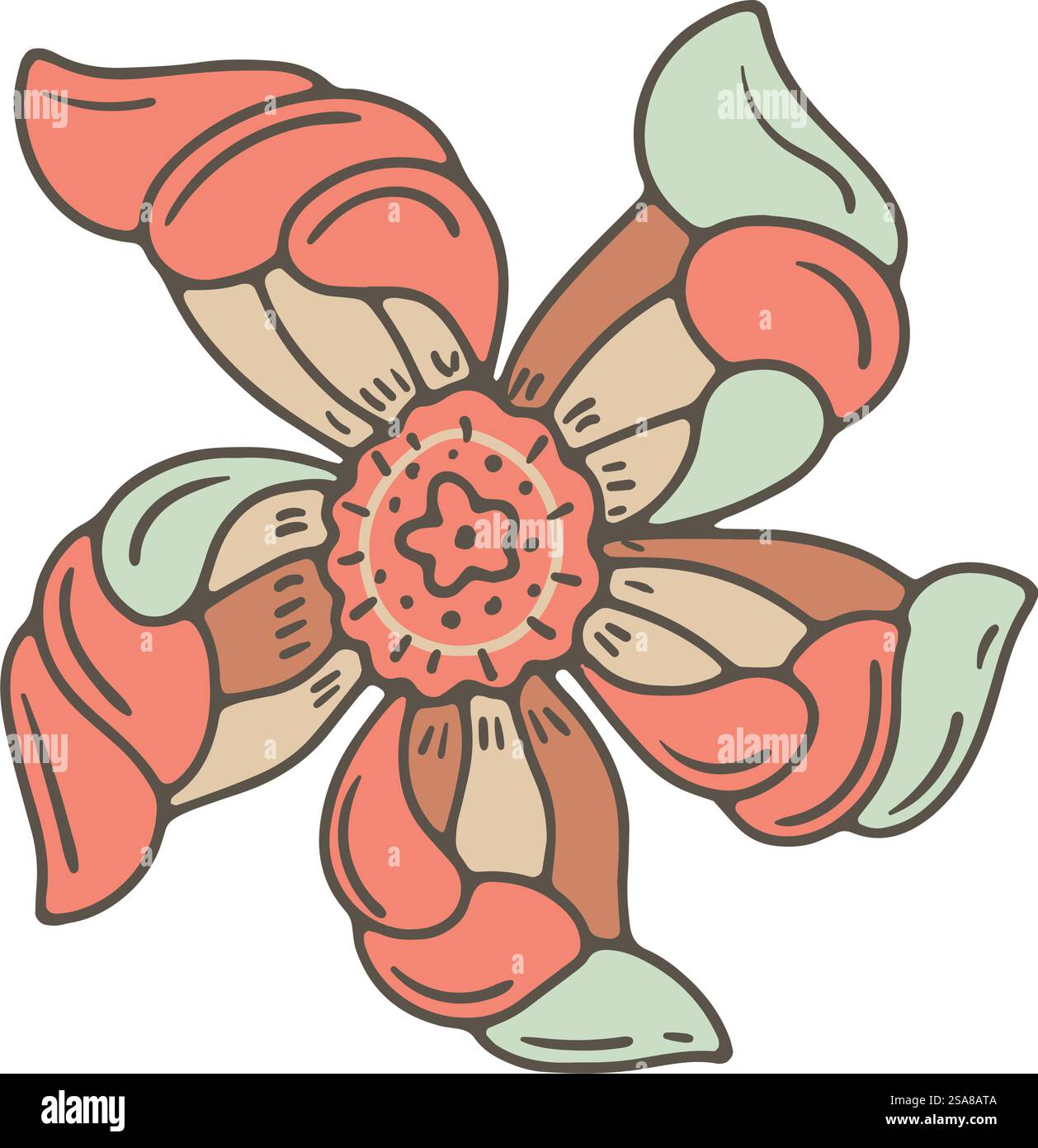 Vektor-Illustration eines abstrakten, mehrfarbigen Blumenmotivs mit komplizierten Blütenblättern, isoliert auf einem weißen Hintergrund. Ideal für Muster und Ausdrucke. Dekorative abstrakte Blumenkunst Vektor Stock Vektor