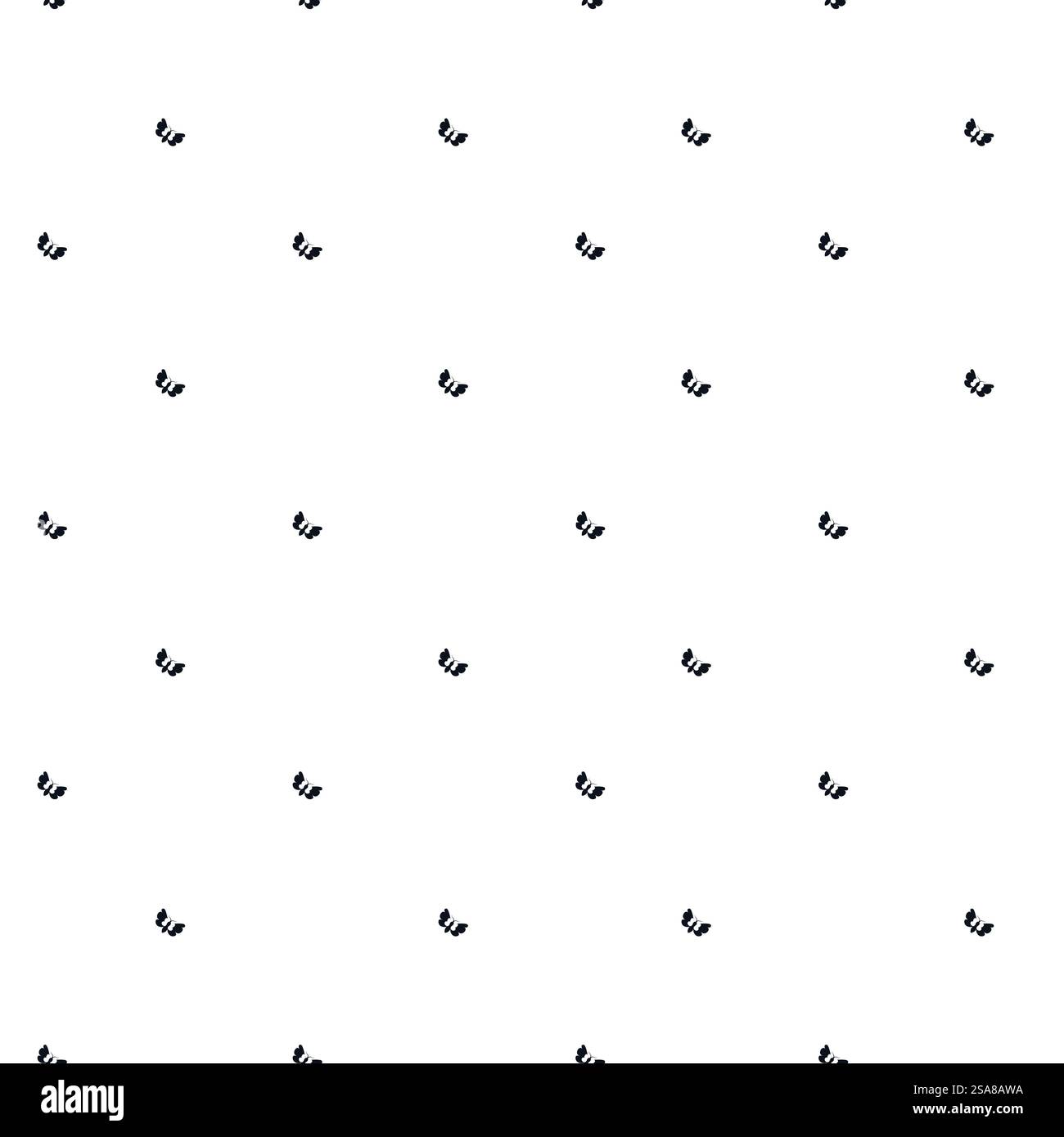 Vektorillustration eines minimalen Musters mit kleinen schwarzen Schmetterlingen auf weißem Hintergrund. Nahtloses Design, ideal für Textilien und Schreibwaren. Winzige Schmetterlinge, Schwarzes Weißes Muster Stock Vektor