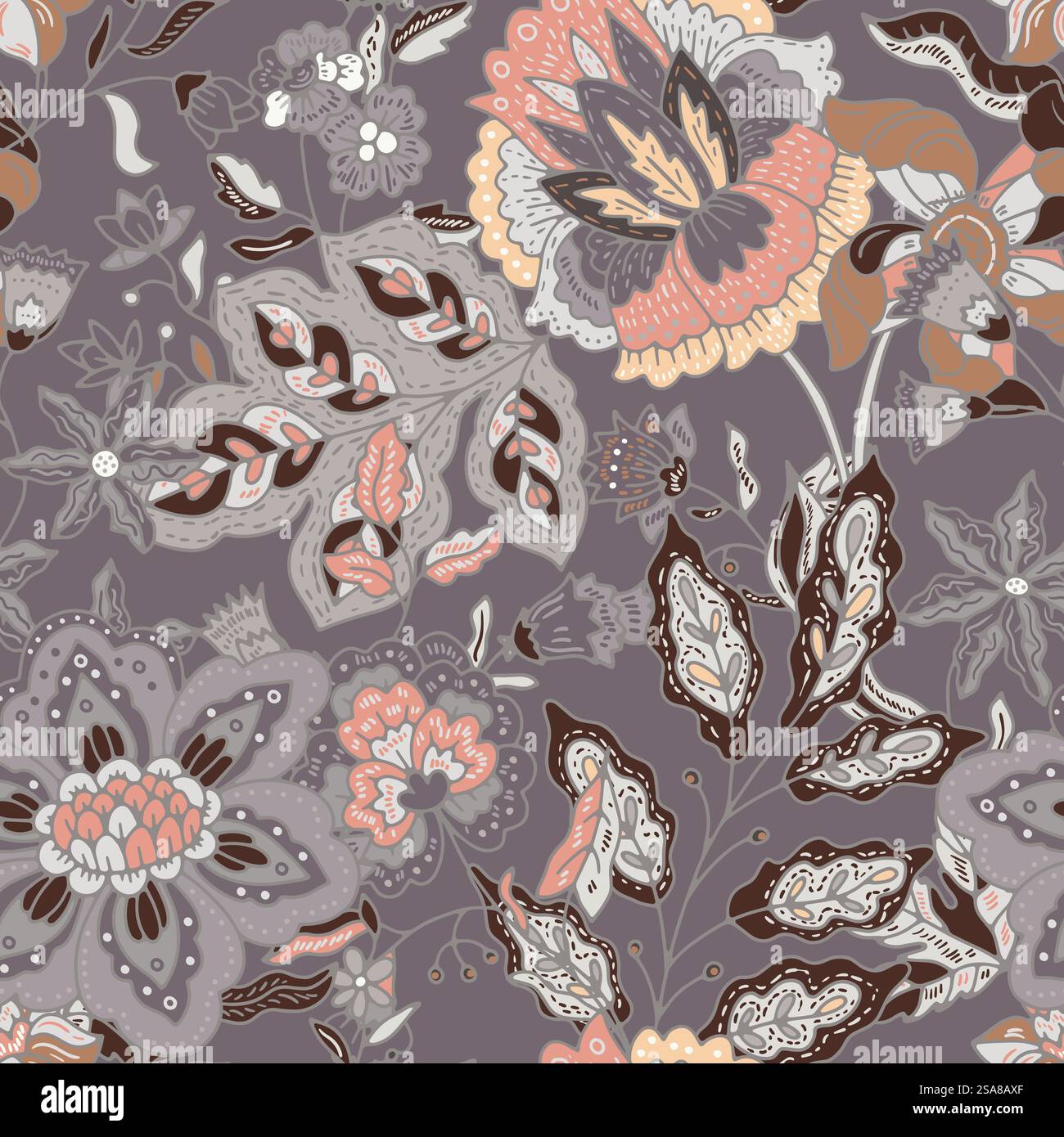 Nahtloses Muster mit klassischen botanischen Motiven in warmen Tönen, ideal für Stoffe und Tapeten. Vektorillustration mit elegantem, zeitlosem Design.. Klassisches Nahtloses, Botanisches Blumenmuster Stock Vektor