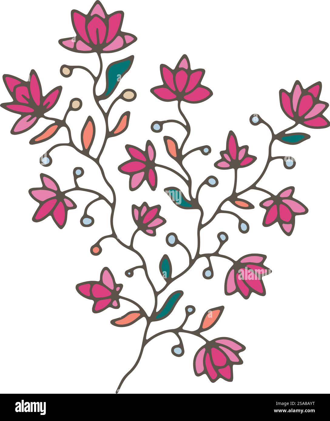 Eine wunderschöne Pfingstrose-Illustration in rosafarbenen Tönen mit Akzentblättern in einem detaillierten dekorativen Stil. Vektorkunst, isoliert auf weiß, geeignet für feminine und florale Projekte. Abstrakter Leaf Cluster Design-Vektor Stock Vektor
