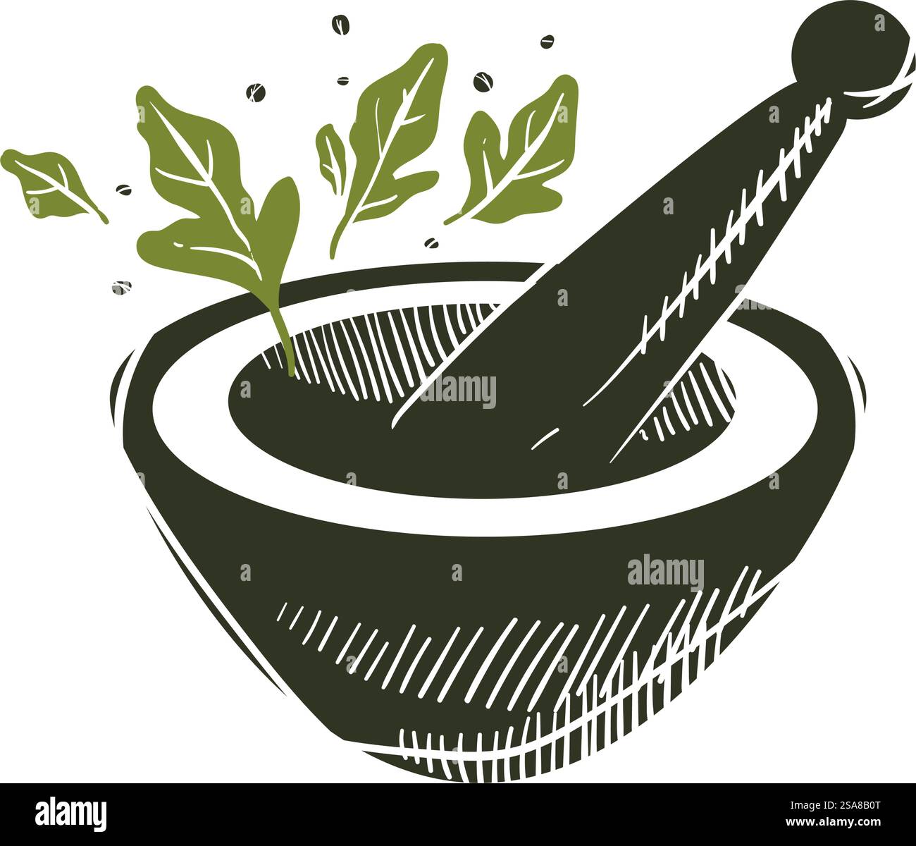 Rustikale Illustration eines Mörtels und Stößels mit Kräutern. Handgezeichneter Stil, isoliert auf weißem Hintergrund. Vektor-Illustration für kulinarische und pflanzliche Designs. Rustikale Mörtel- und Pistill-Illustration Stock Vektor