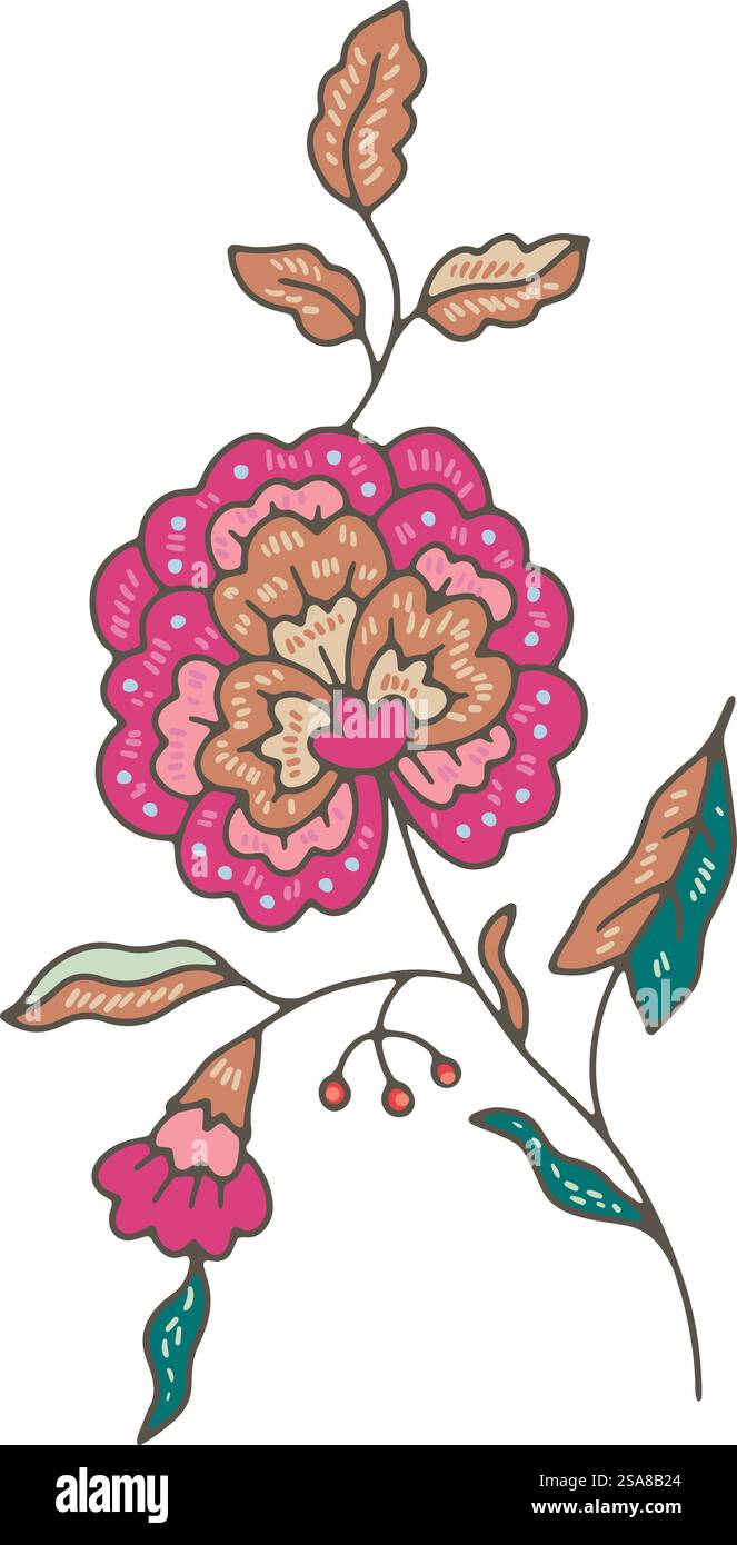 Ein dekorativer Blumenstrauß mit stilisierten Blumen und Blättern, verziert mit bunten Mustern. Vektorillustration, isoliert auf weiß, geeignet für dekorative Projekte. Detaillierter Vektor der Blumenverzweigung Stock Vektor