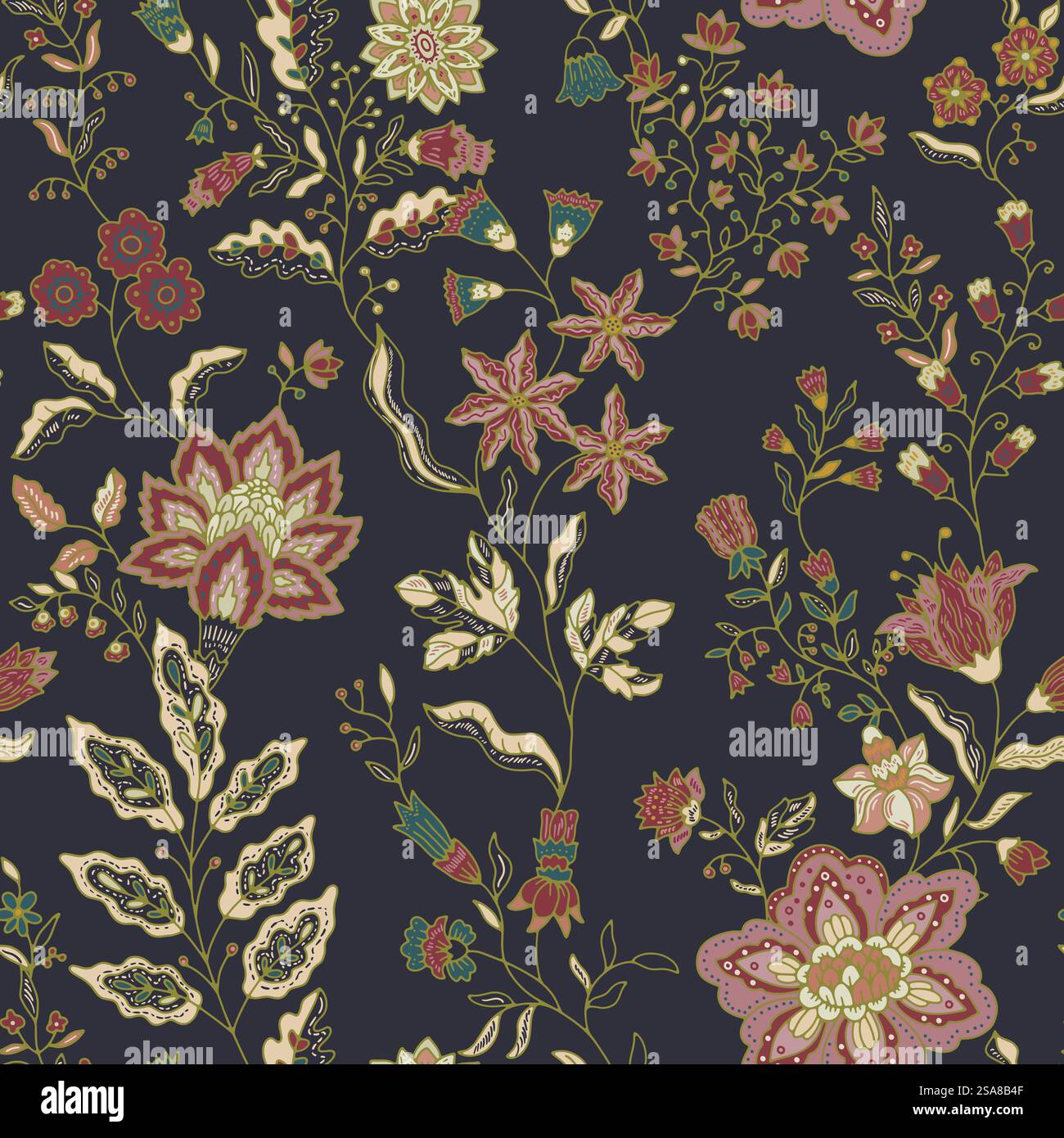 Nahtloses Blumenmuster mit raffinierten Vintage-Blüten und botanischen Elementen. Vektor-Illustration perfekt für Stoffe, Tapeten und Schreibwaren.. Elegantes Nahtloses Vintage-Blumenmuster Stock Vektor