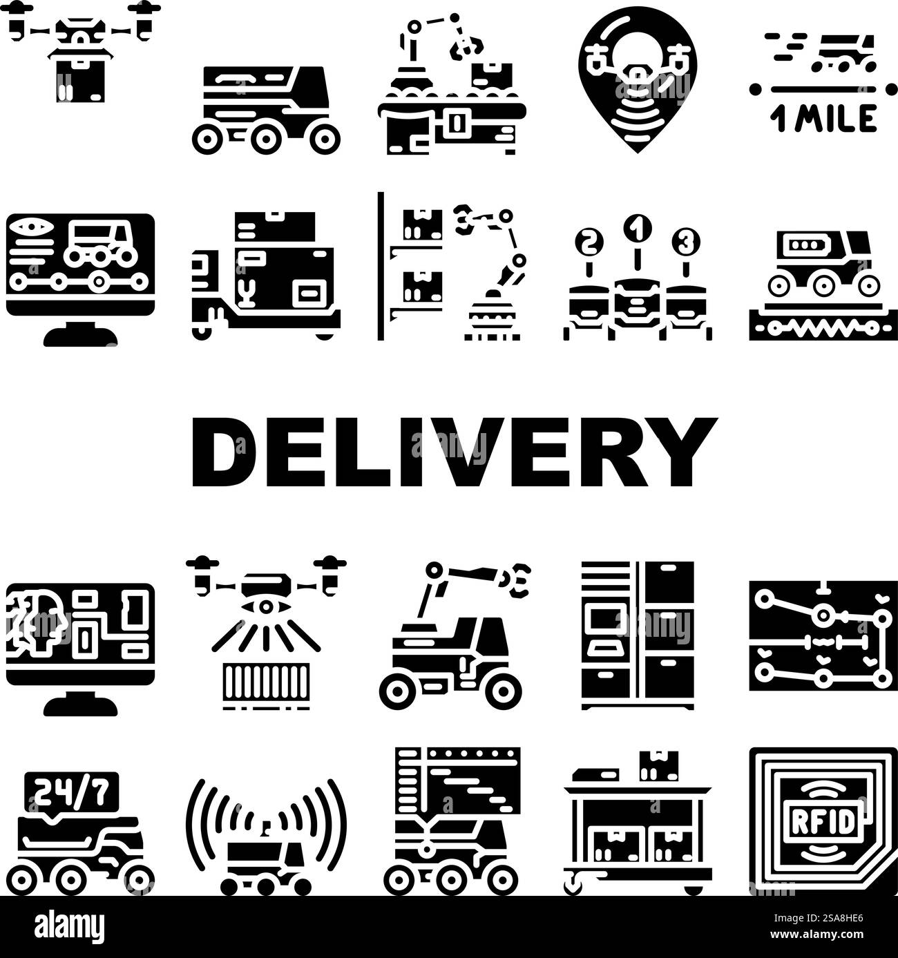 Symbole für autonome Roboterzustellung legen den Vektor fest. Technologietransport, autonome Industrie, Fahrzeug, Transport, Piktogramme für automatisierte autonome Roboterzustellung. Symbole für autonome Roboterzustellung legen den Vektor fest Stock Vektor