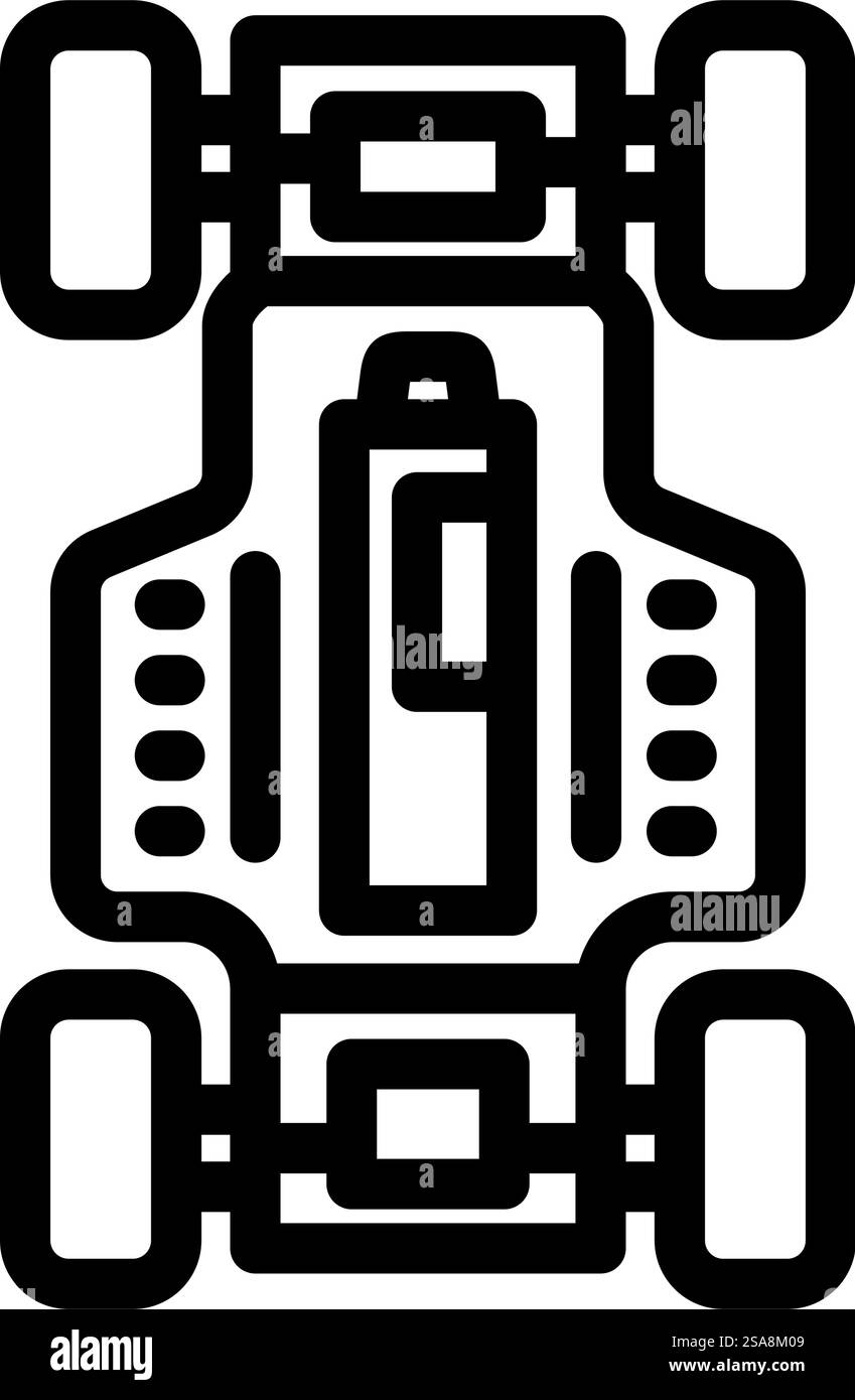Symbolvektor der Batterieleitung des Elektrofahrzeugs. Batterieschild für Elektrofahrzeuge. Schwarze Abbildung des isolierten Kontursymbols. Vektorgrafik der Batterieleitung des Elektrofahrzeugs Stock Vektor
