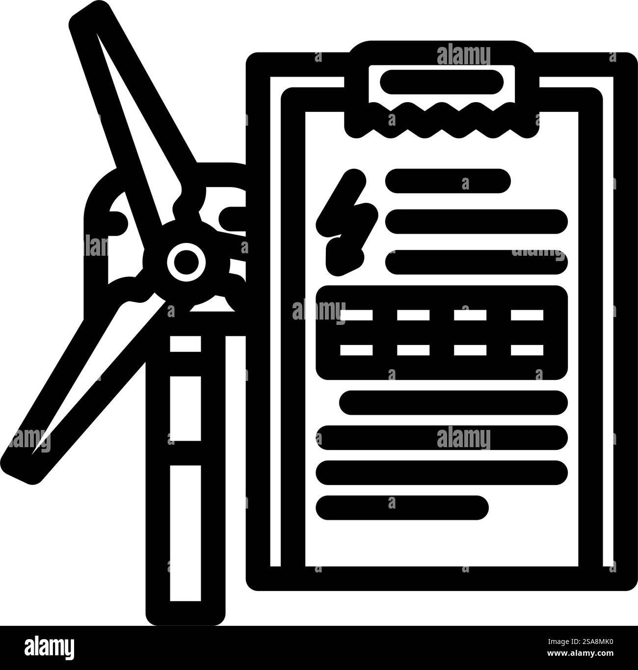 Energieforschung Windturbinenlinie Symbolvektor. Energieforschung Windkraftanlagen-Schild. Schwarze Abbildung des isolierten Kontursymbols. Energieforschung Windturbinenlinie Symbol Vektorillustration Stock Vektor