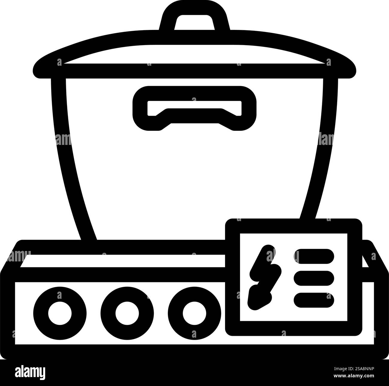 Kochen energieeffizient Linie Symbol Vektor. Schild „Kochen energieeffizient“. Schwarze Abbildung des isolierten Kontursymbols. Kochen energieeffiziente Linie Symbol Vektor-Illustration Stock Vektor