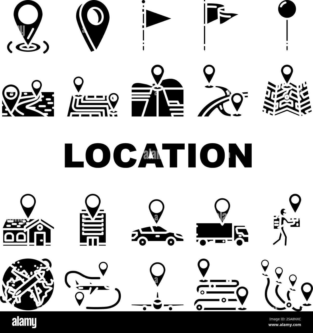 Position Pin Map Platzierungssymbole legen Vektor fest. Straßenmarkierung, gps-Reisemarkierung, Positionsmarkierung, Web-Taste, Geo-Tag, Abbildung des Symbols „Platzierung“ mit der Pin-Karte „Platzierung“. Position Pin Map Platzierungssymbole legen Vektor fest Stock Vektor