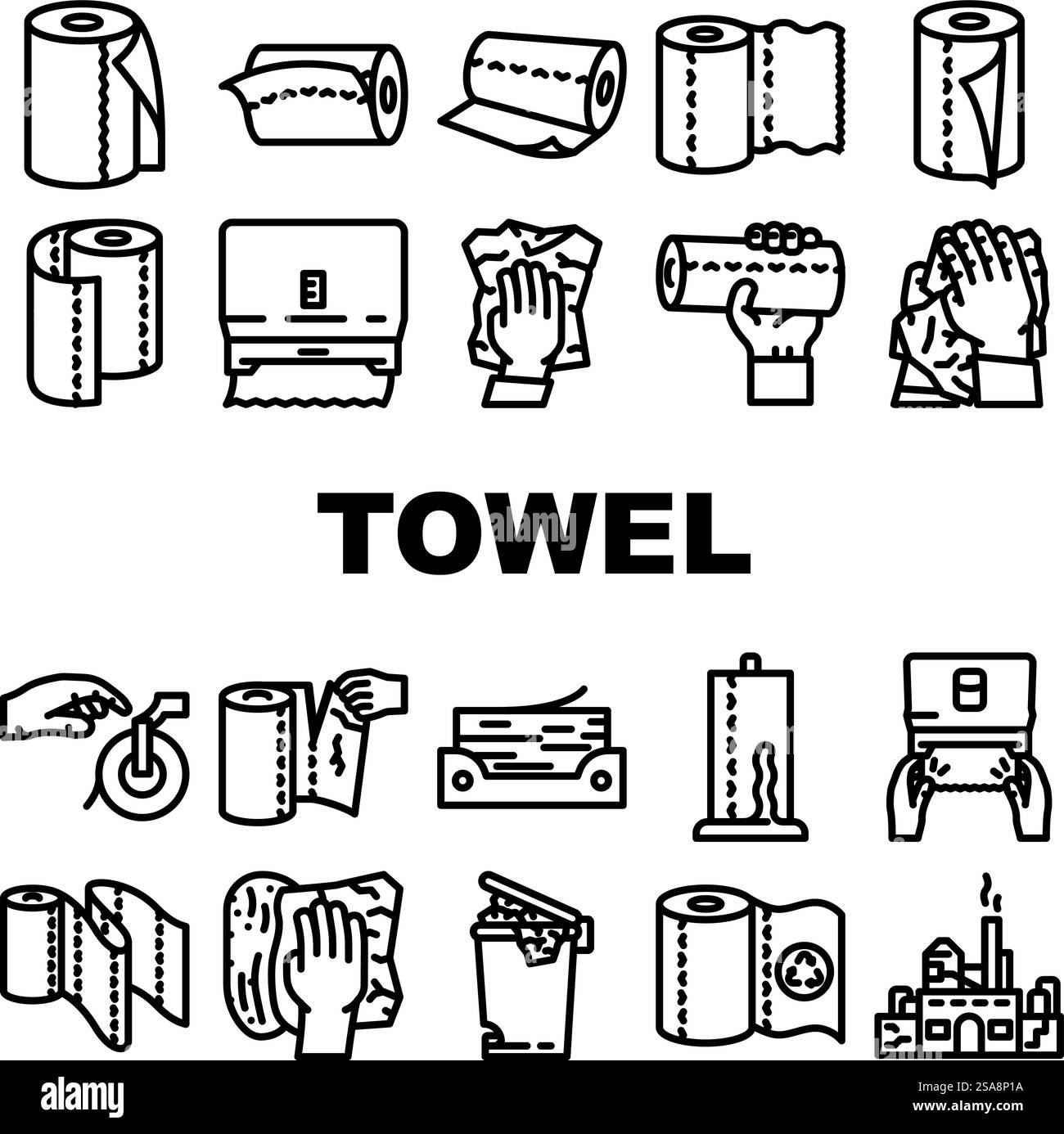 Papiertuch Küchenrolle Taschentücher Symbole Set Vektor. Saubere Toilette, Wischtuch, Serviette, Bad nass, Tisch, Reinigung trocken, Hände Sauberkeit Papier Handtuch Küchenrolle Taschentuch schwarz Kontur Illustrationen. Papiertuch Küchenrolle Taschentücher Symbole Set Vektor Stock Vektor