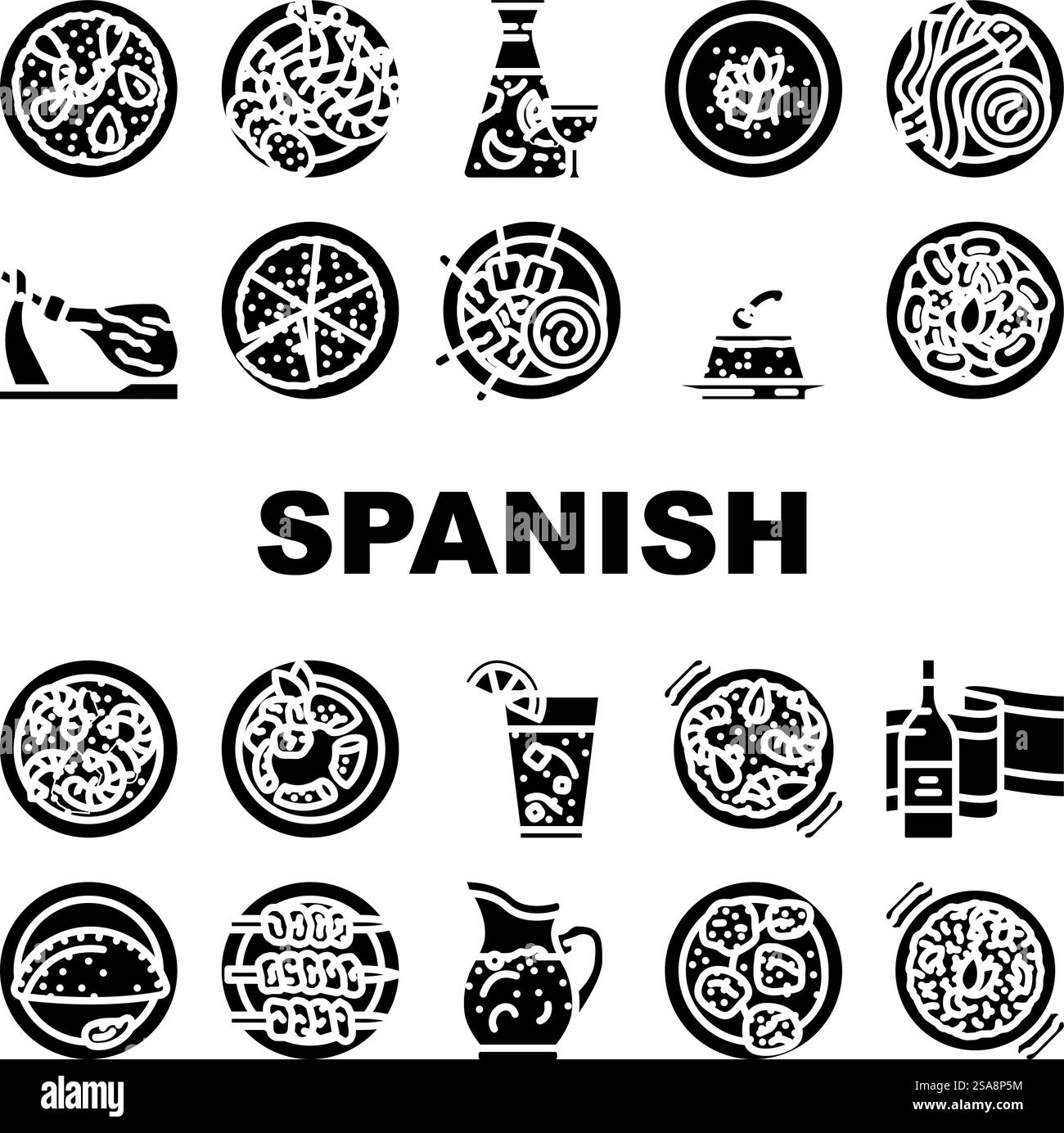 spanische Küche Essen spanien Paella Ikonen setzen Vektor. Gericht mittelmeer, Tortilla Zwiebeln, Omeletttisch, Muschel Gourmet, Oliven, traditionelle spanische Küche Gerichte spanien Paella Glyph Piktogramme. spanische Küche Essen spanien Paella Ikonen setzen Vektor Stock Vektor