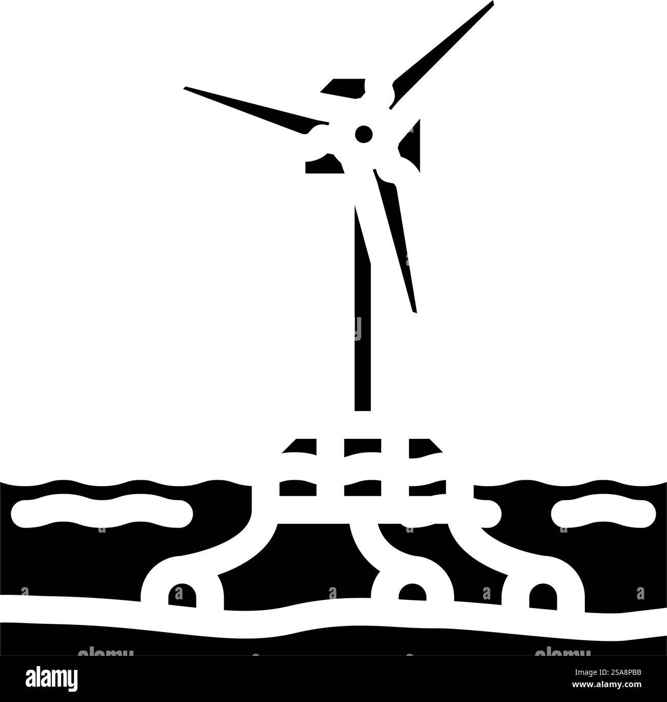 Glyphe-Symbolvektor für schwimmende Windkraftanlagen. Schwimmendes Windturbinenschild. Isolierte Symboldarstellung. Illustration des Glyphen-Symbols für die schwimmende Windturbine Stock Vektor