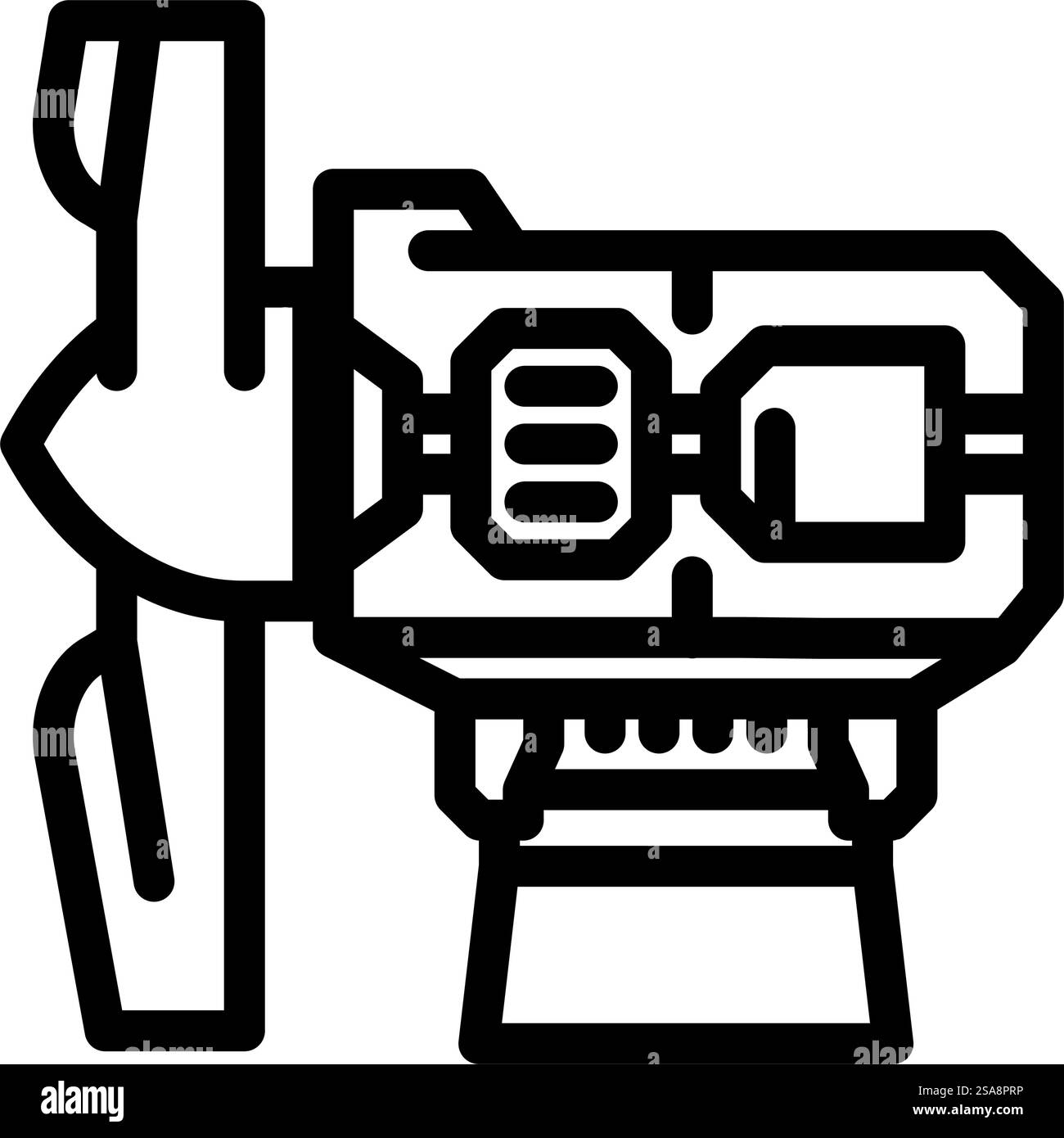 Windenergiebau - Symbolvektor für Windenergieanlagen. Windschild für Turbinenbau. Schwarze Abbildung des isolierten Kontursymbols. Turbinenbau Windlinie Symbol Vektorillustration Stock Vektor