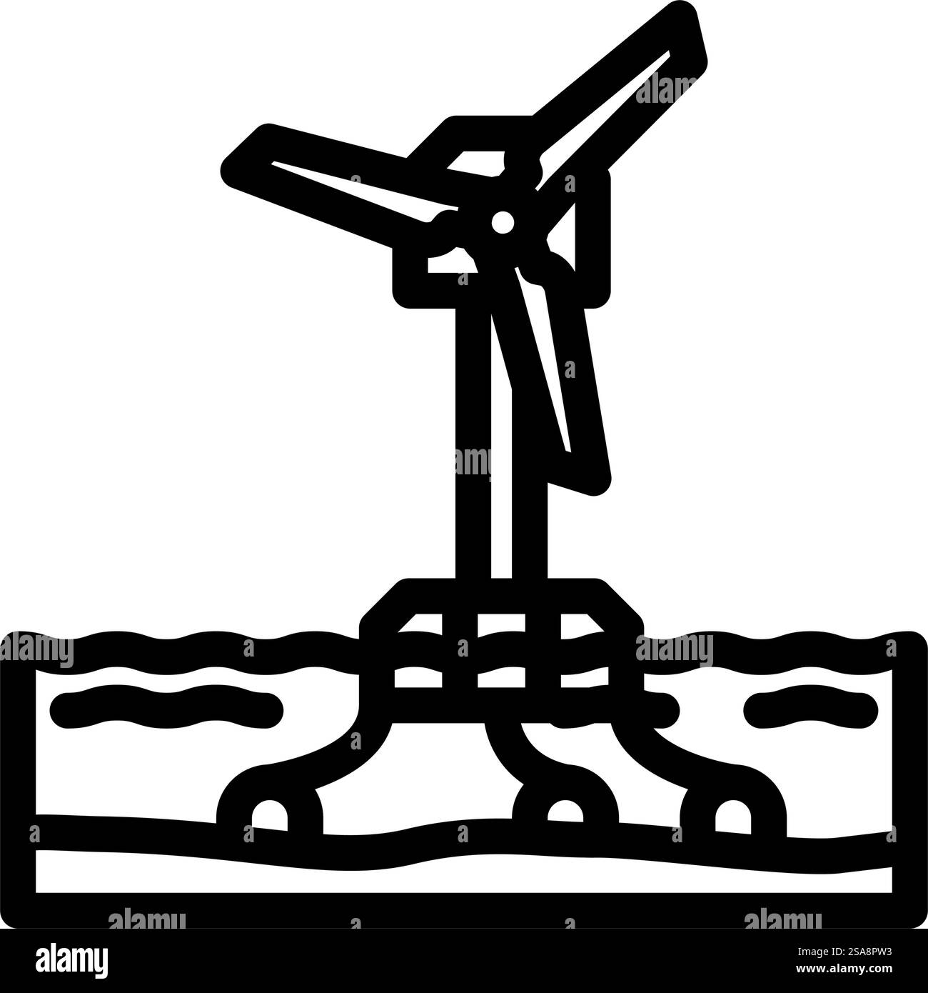 Symbolvektor der schwimmenden Windkraftanlage. Schwimmendes Windturbinenschild. Schwarze Abbildung des isolierten Kontursymbols. Illustration des Symbols der schwimmenden Windkraftanlage Stock Vektor
